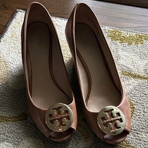 Tory Burch Tan Wedges with Gold Accents